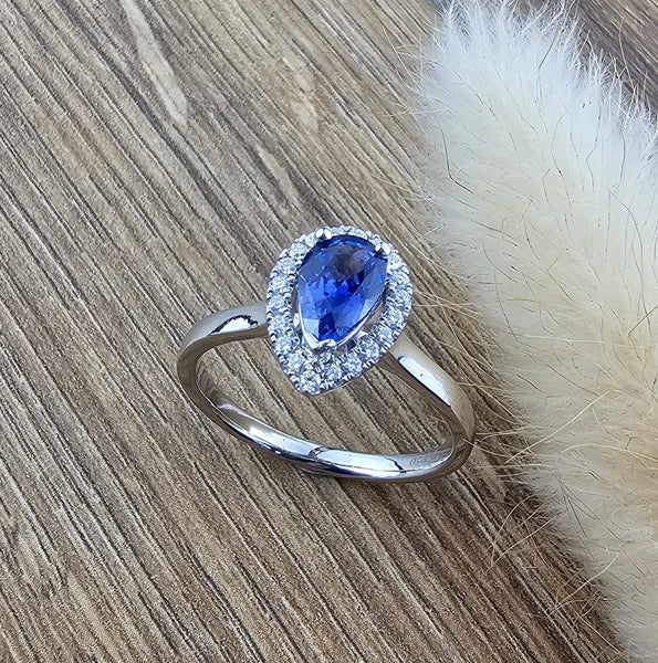 Pear sapphire halo ring