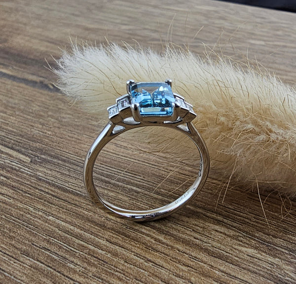 Octagonal aquamarine and diamond ring