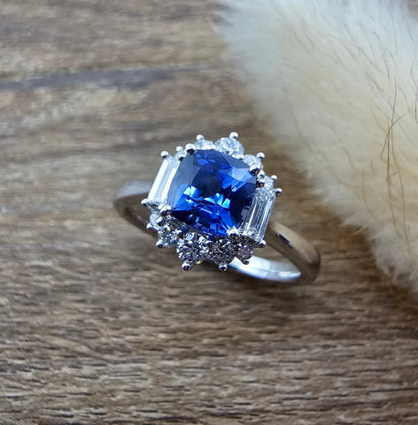 Sapphire and diamond vintage cushion cluster ring