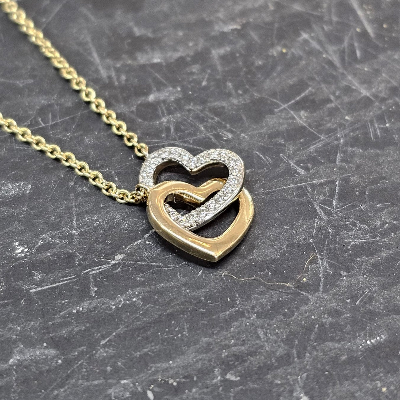 Double Heart Diamond and Yellow Gold Necklace