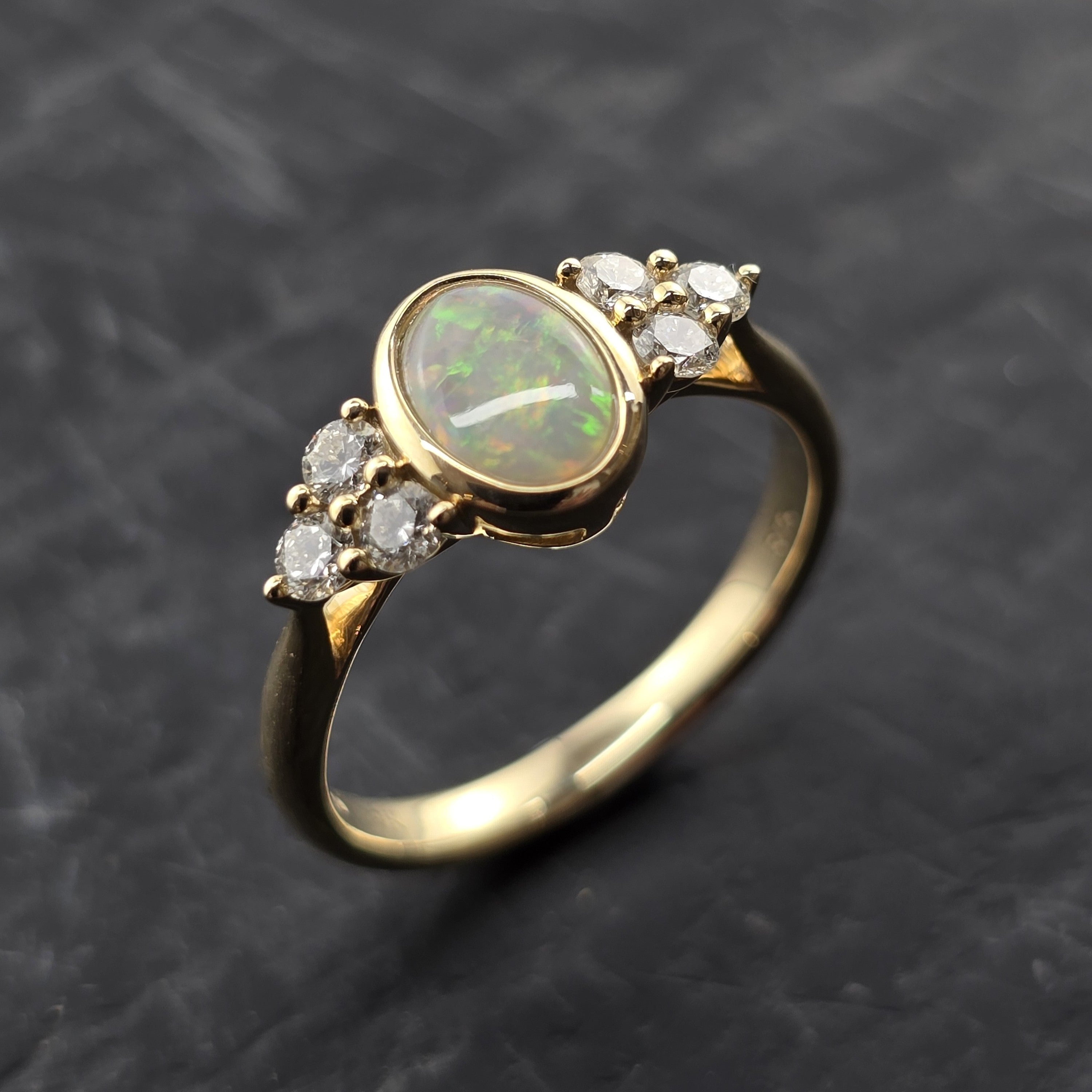 Oval Rub Over Set Opal Ring with Diamond Shoulders
