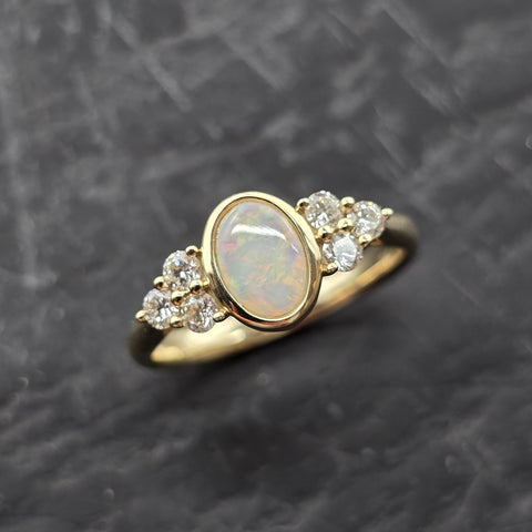 Oval Rub Over Set Opal Ring with Diamond Shoulders