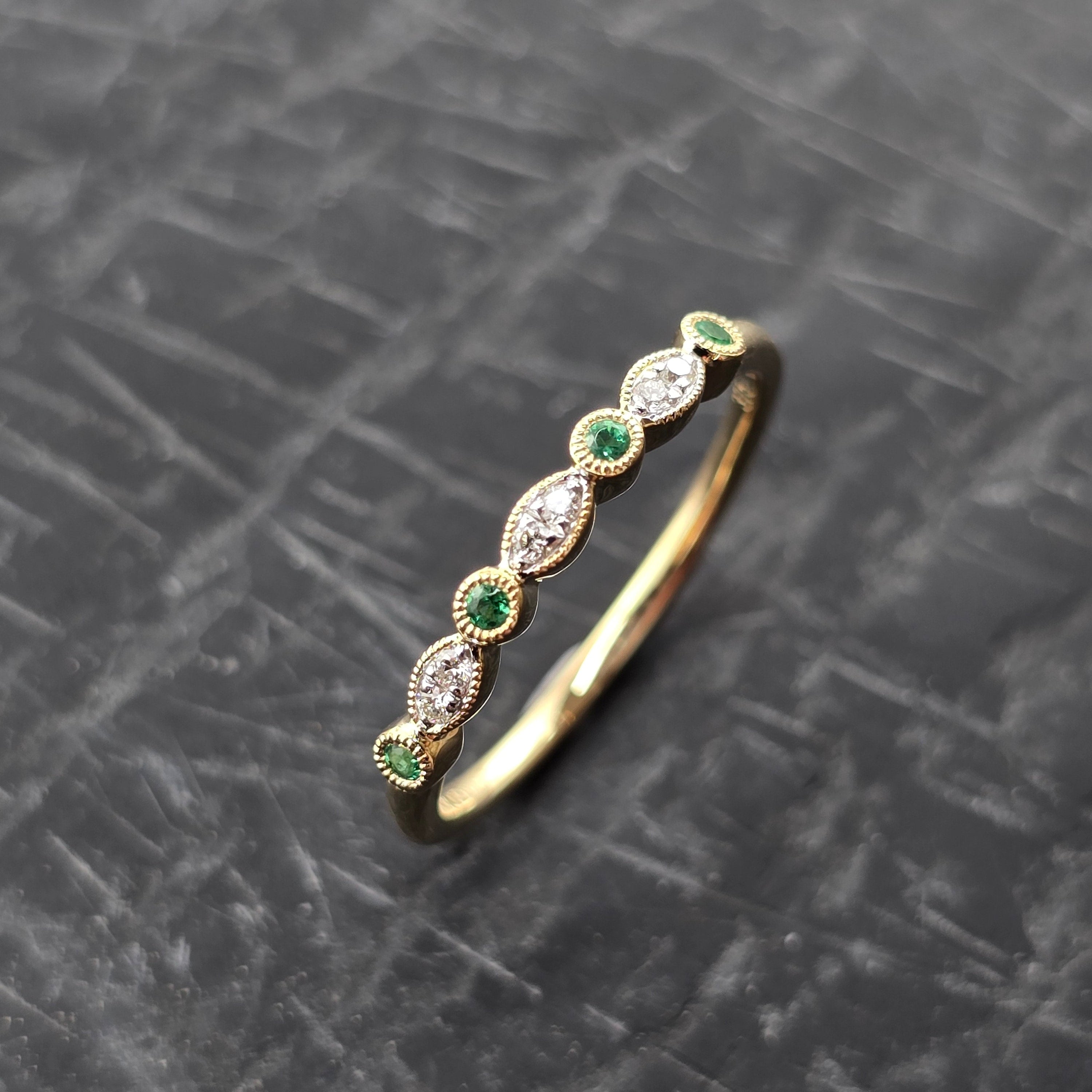 Emerald and Diamond Vintage Eternity Band