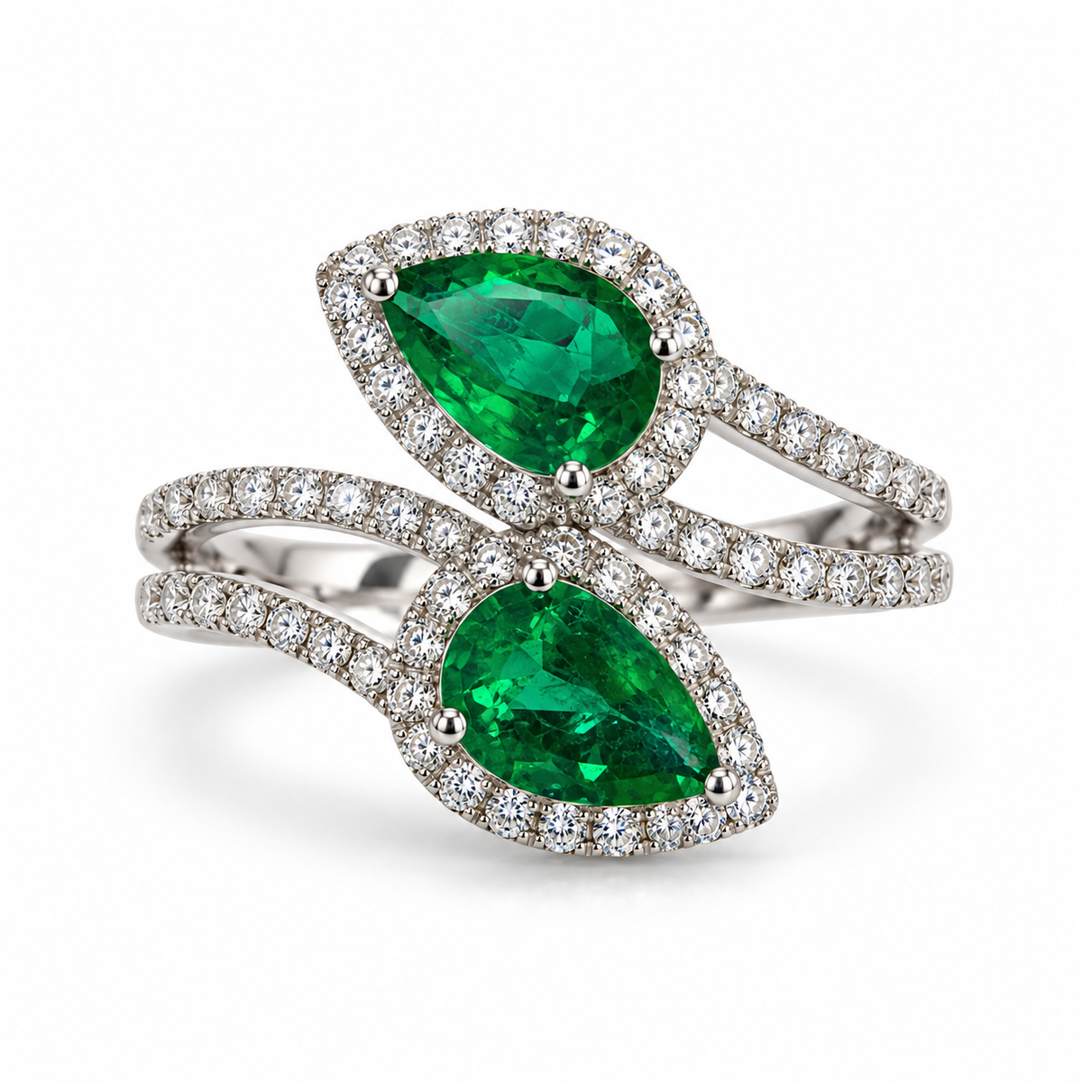 Emerald and Diamond Pear Twist Ring