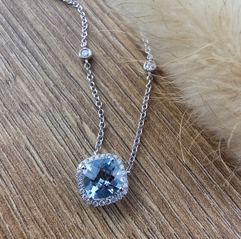 Cushion aquamarine halo necklace