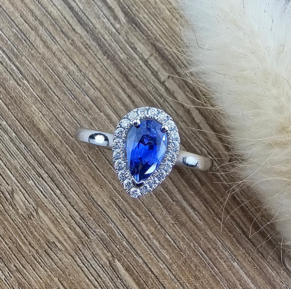 Pear sapphire halo ring