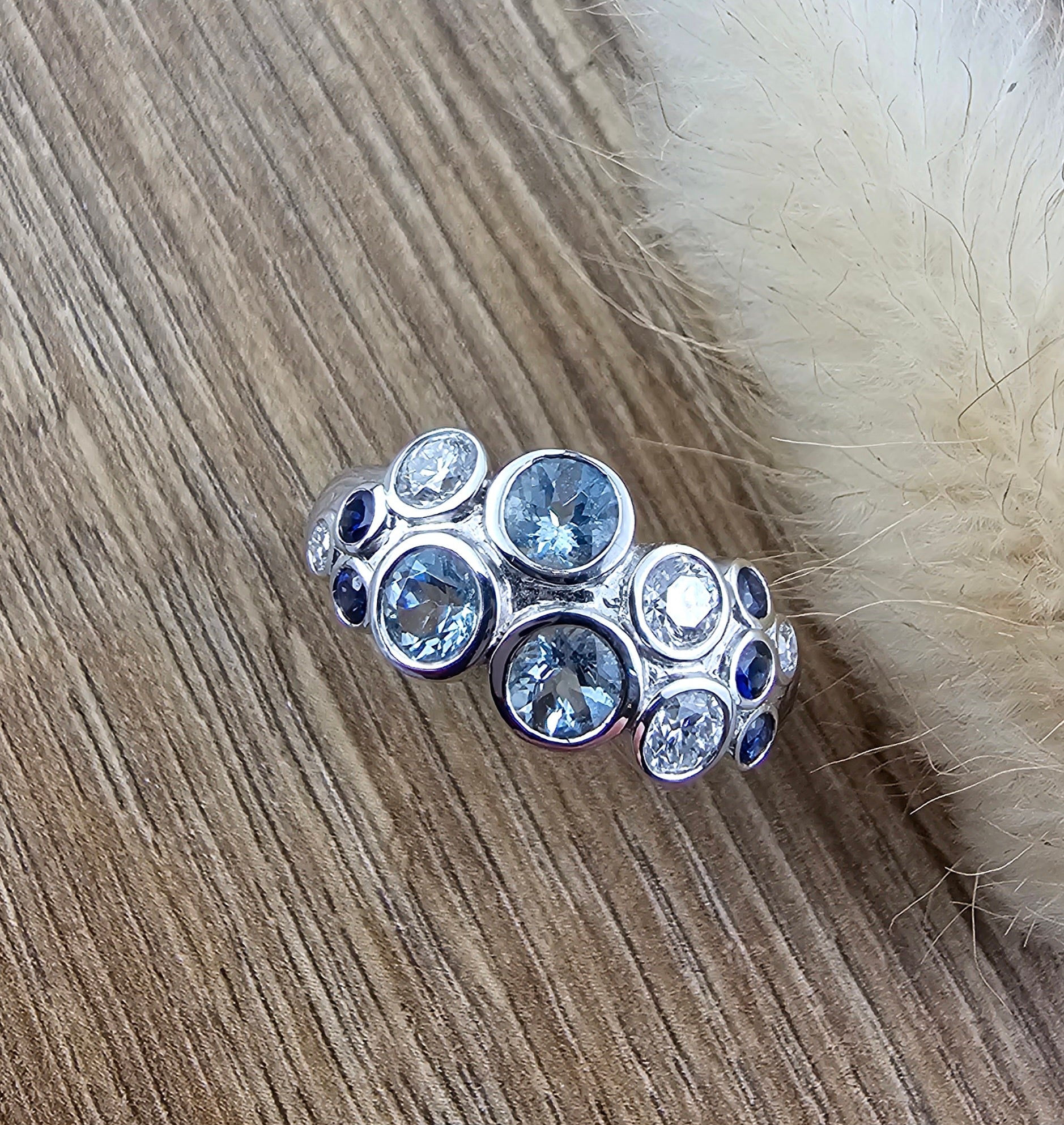 Aquamarine and sapphire bubble ring