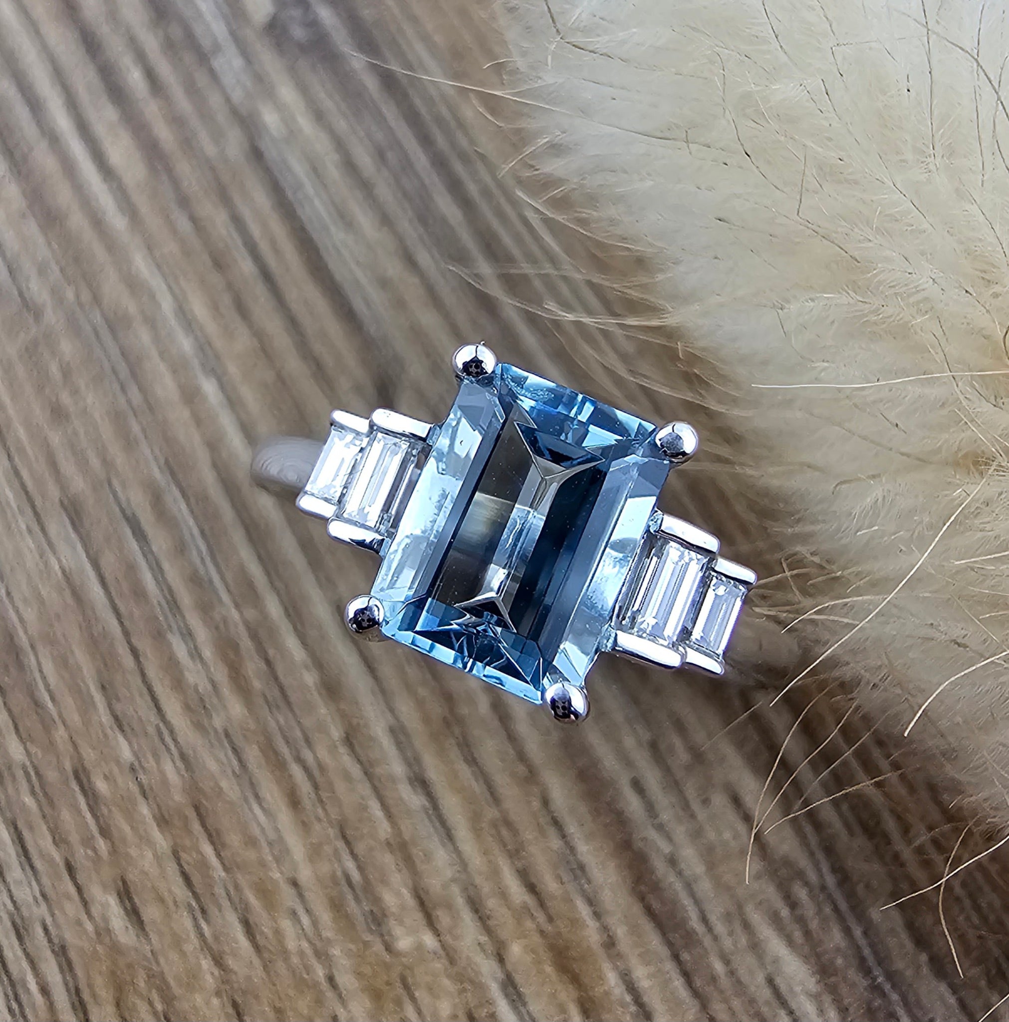 Octagonal aquamarine and diamond ring