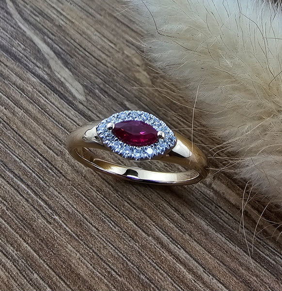 Marquise ruby halo ring