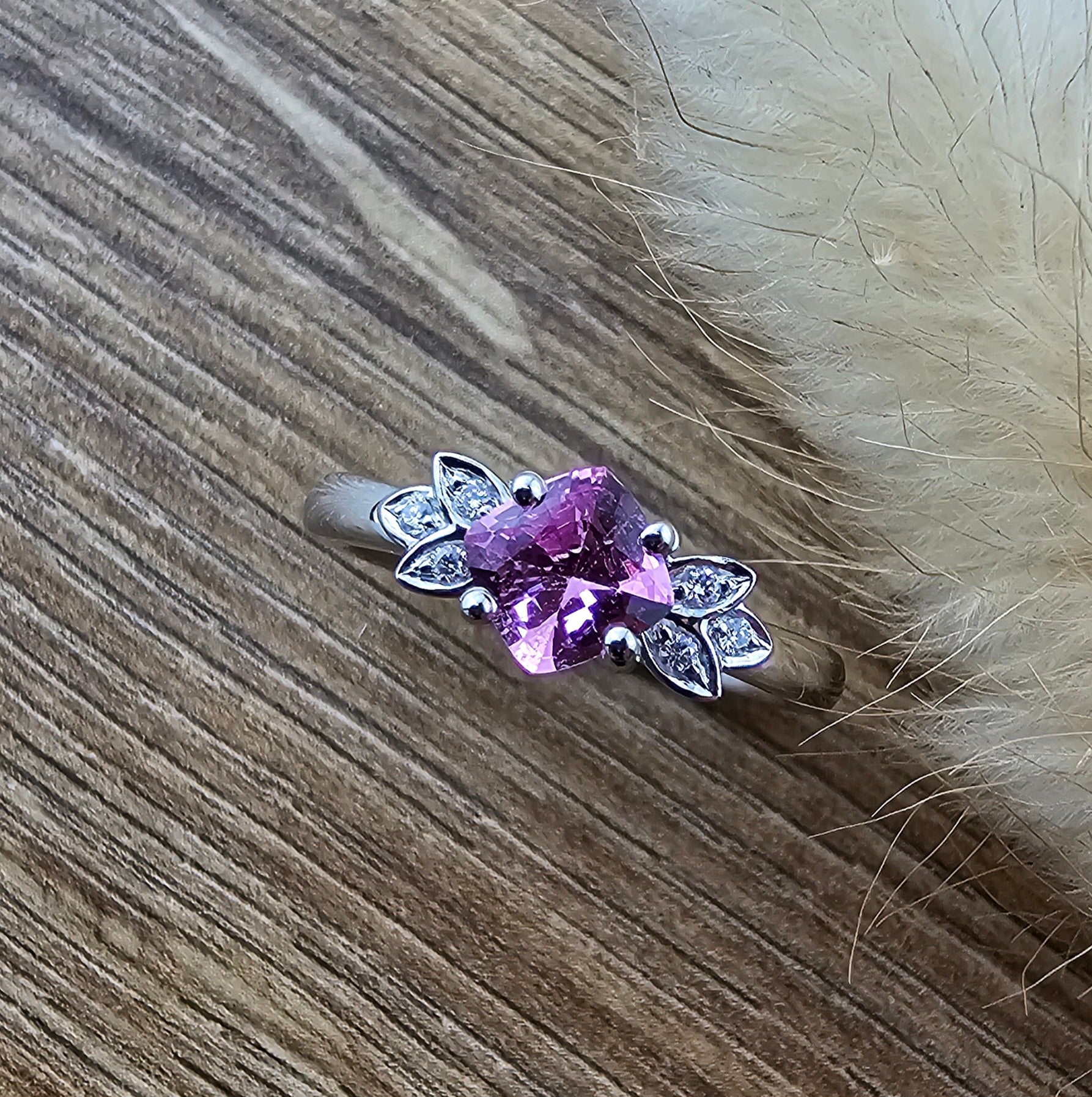 Cushion pink sapphire floral ring