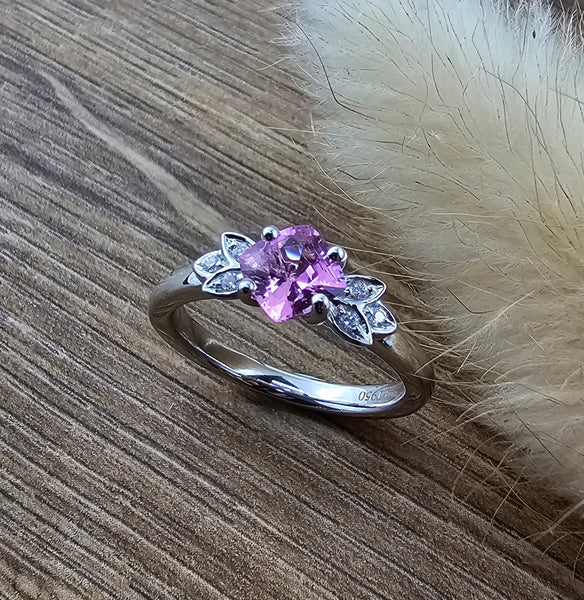 Cushion pink sapphire floral ring