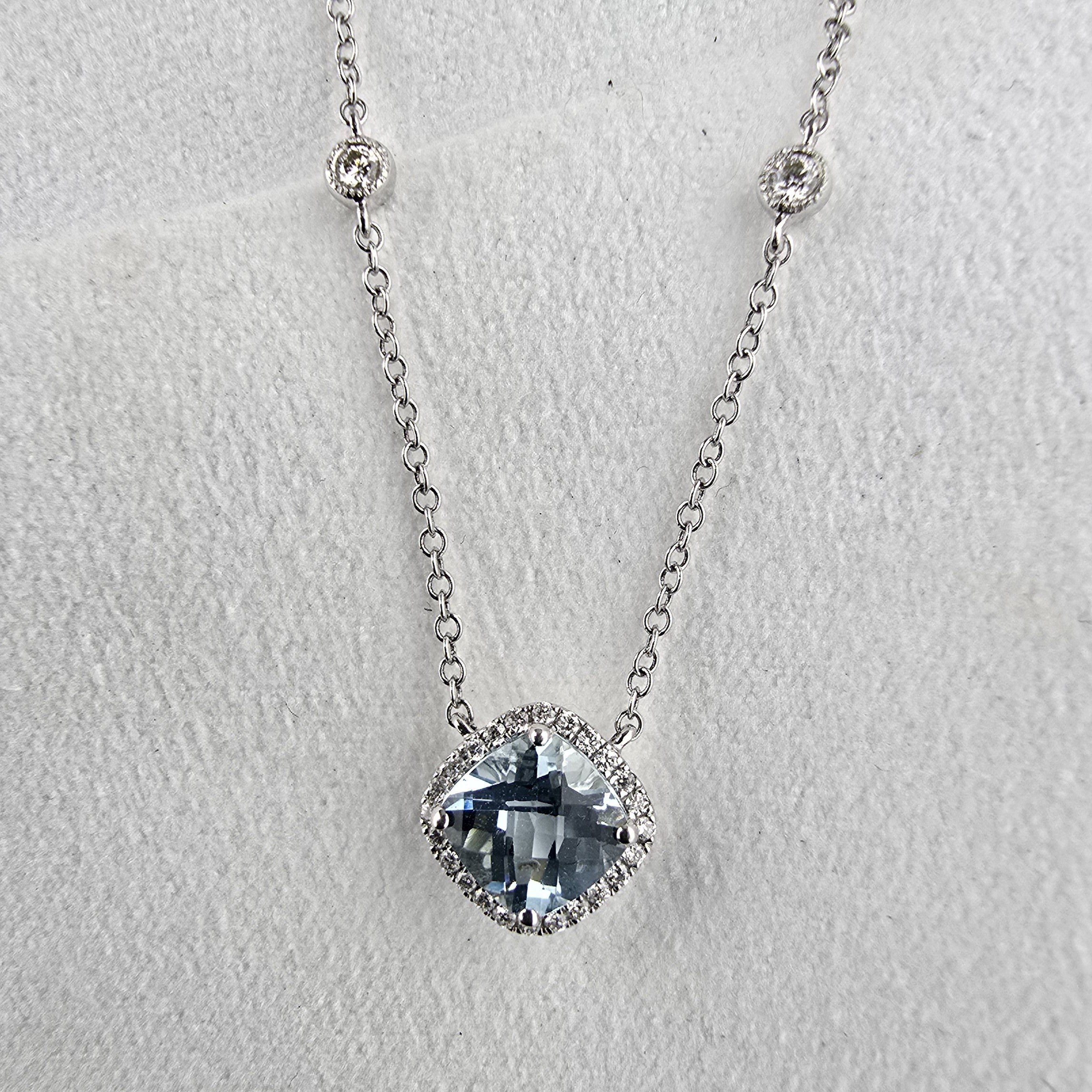 Cushion aquamarine halo necklace