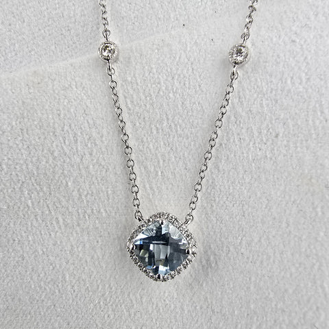 Cushion aquamarine halo necklace