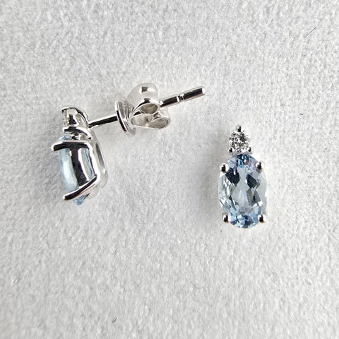 Oval Aquamarine and Round Diamond Claw Set Earrings
