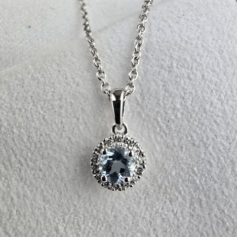 Round aquamarine halo pendant