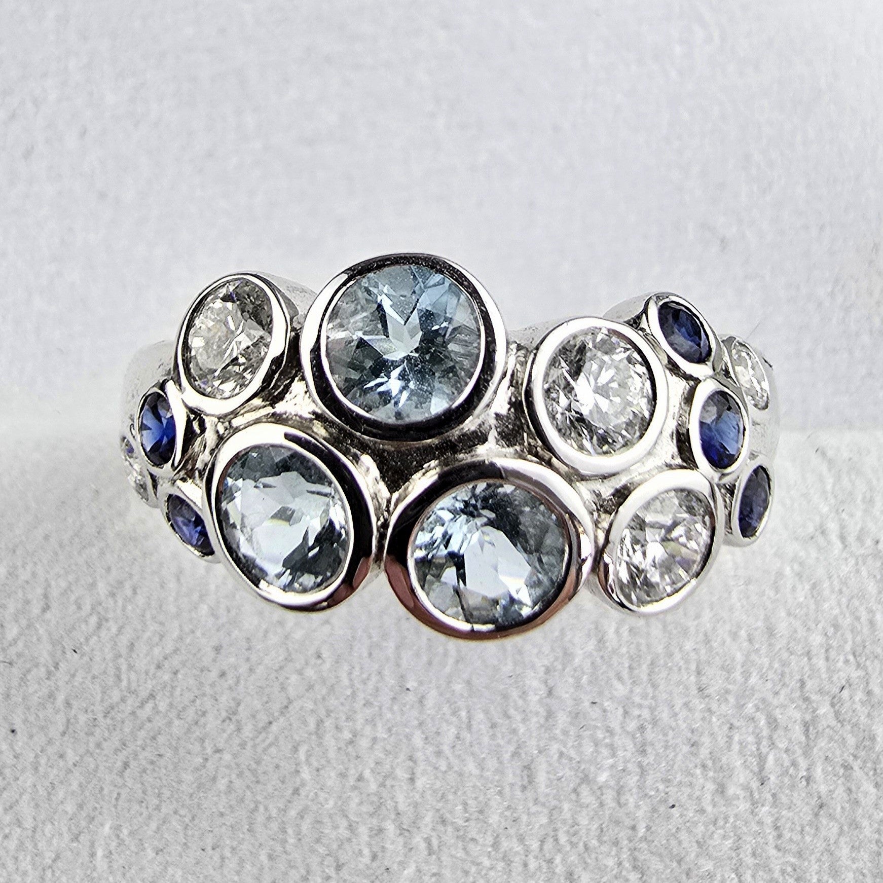 Aquamarine and sapphire bubble ring