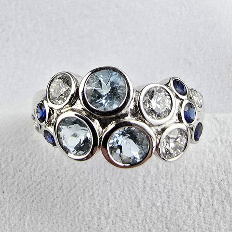 Aquamarine and sapphire bubble ring