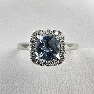 Cushion cut aquamarine halo ring