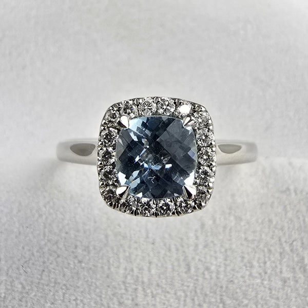 Cushion cut aquamarine halo ring