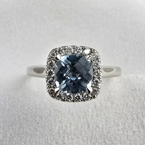 Cushion cut aquamarine halo ring