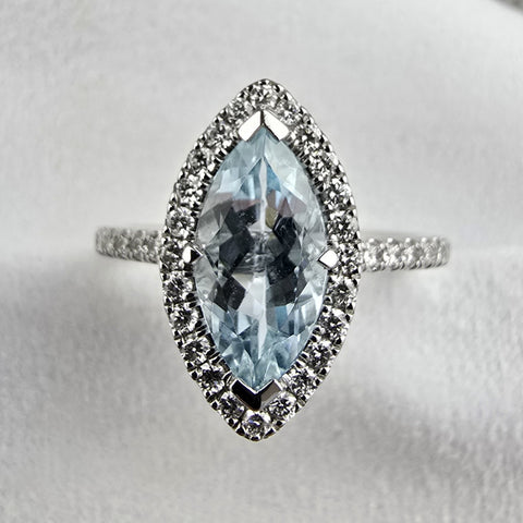Aquamarine marquise cut halo ring