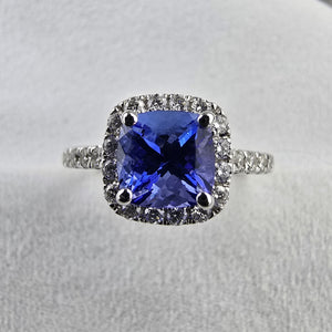Cushion tanzanite halo ring