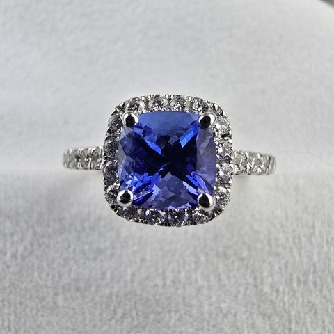 Cushion tanzanite halo ring