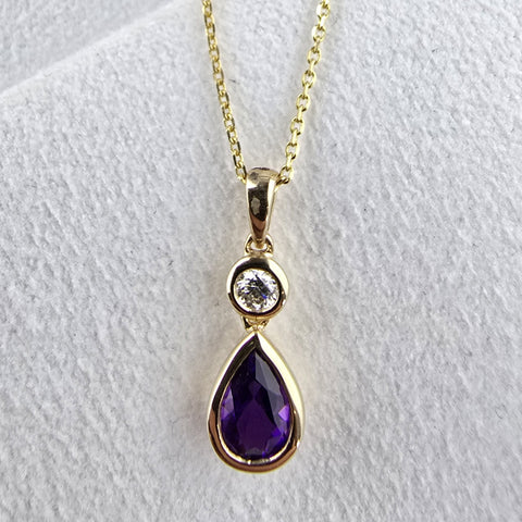 Yellow Gold Pear cut amethyst and diamond pendant