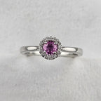 Round Cut Pink Sapphire and Diamond Halo Ring