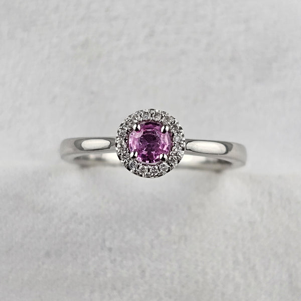 Round Cut Pink Sapphire and Diamond Halo Ring