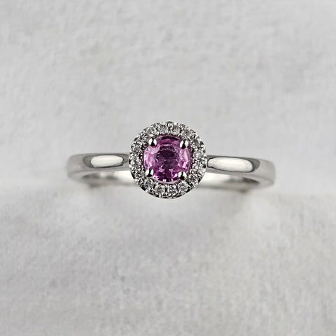 Round Cut Pink Sapphire and Diamond Halo Ring
