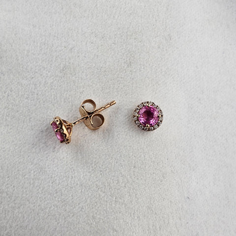 Round Pink Sapphire Halo Stud Earrings