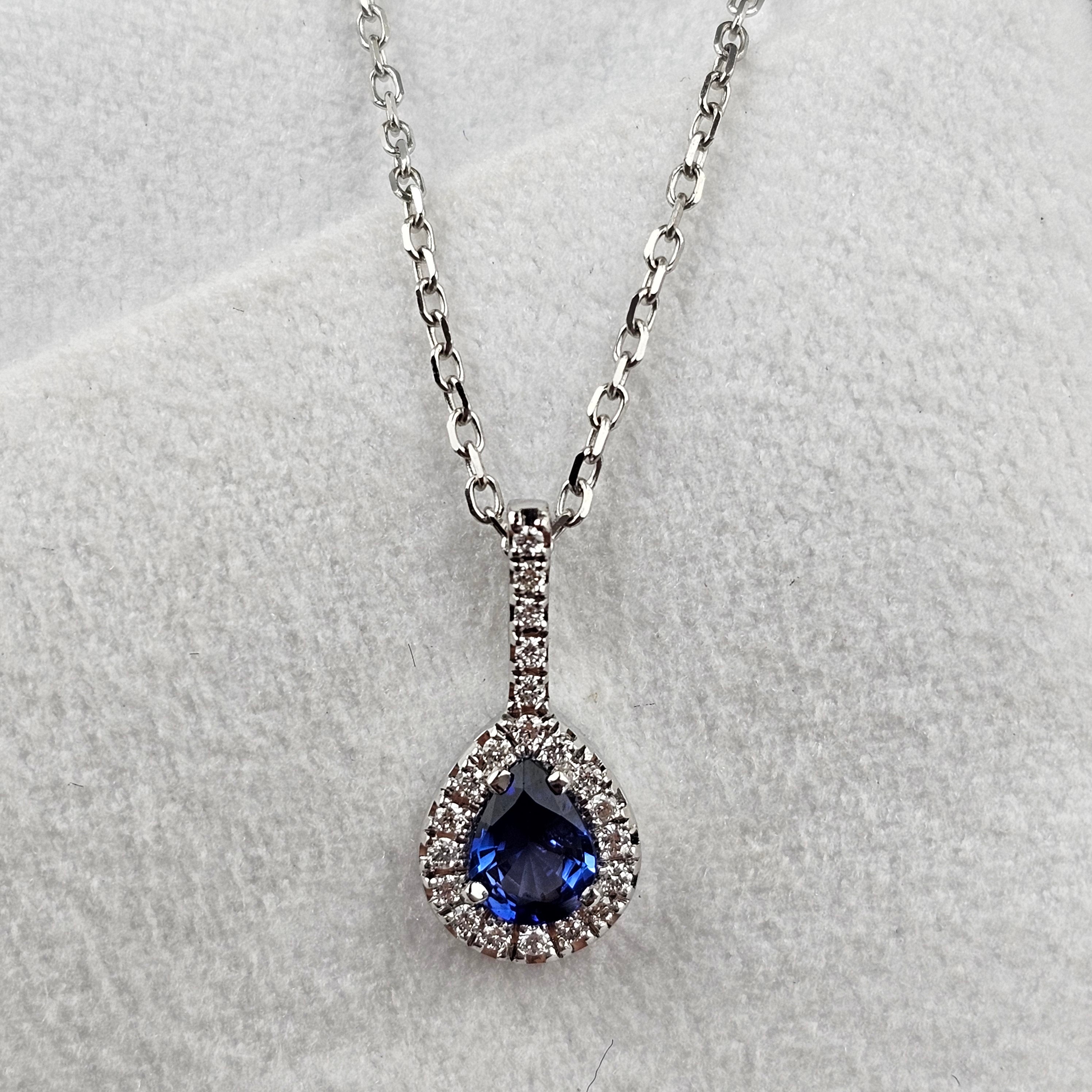 Pear Cut Sapphire and Diamond Halo Pendant
