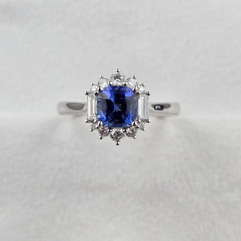 Sapphire and Diamond Vintage Cushion Cluster Ring