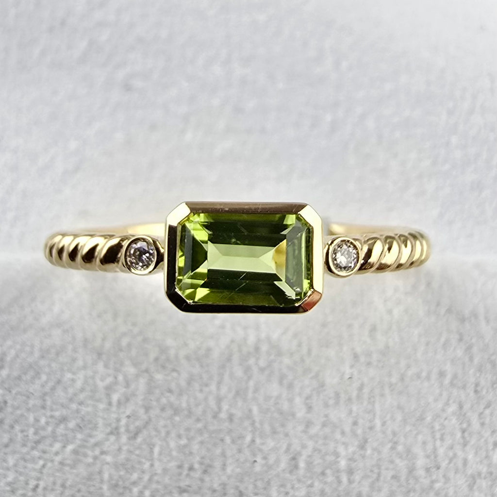 Octagonal Peridot and Diamond Twist Ring