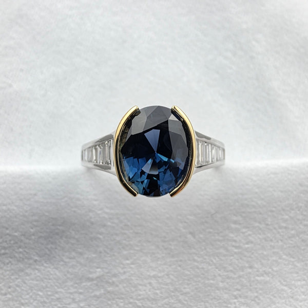 Madagascan Teal Sappphire and Diamond Shoulder Ring