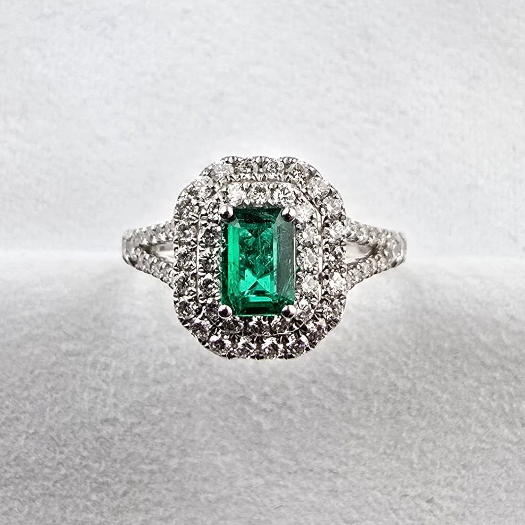 Emerald and Diamond Double Halo Ring