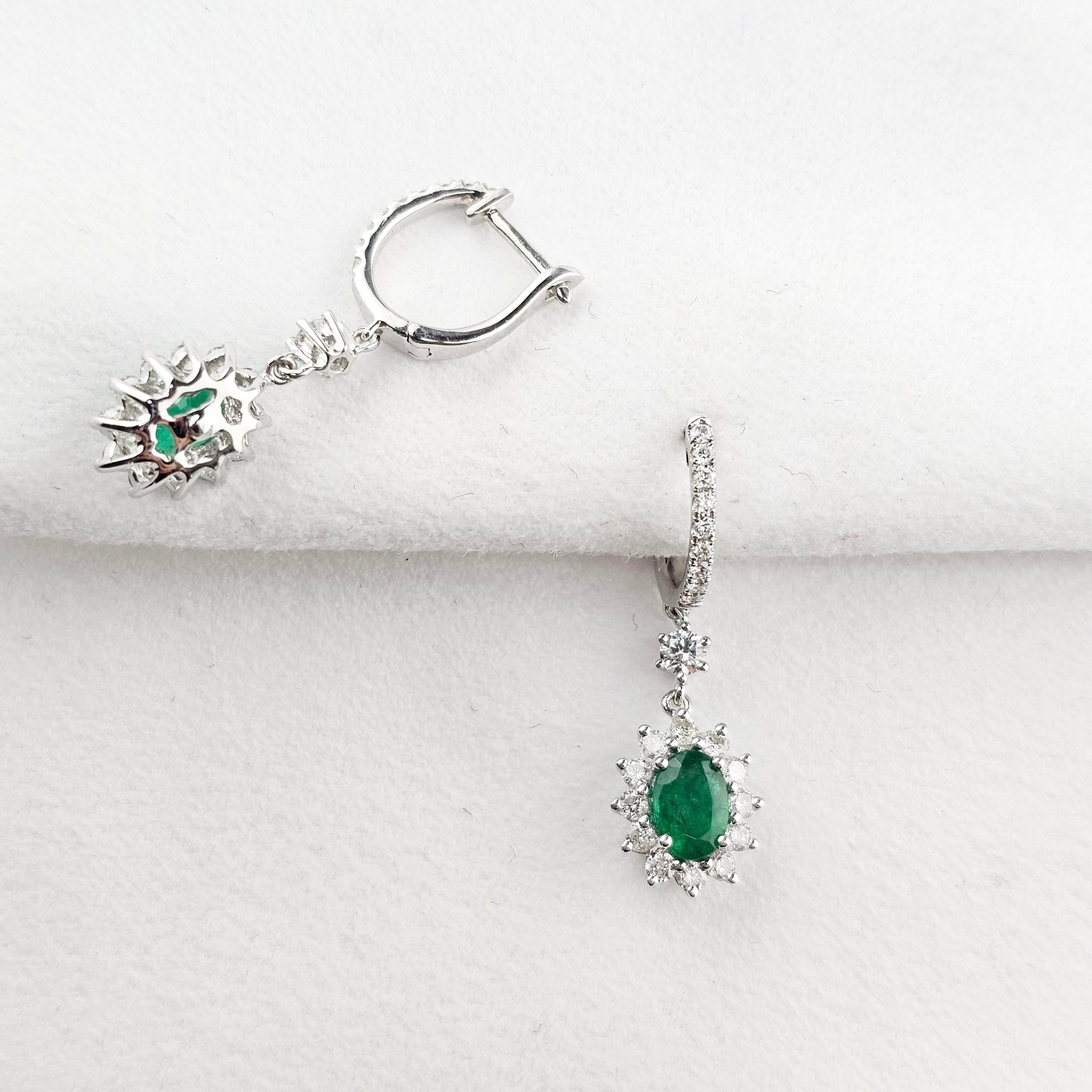 Oval Emerald and Diamond Cluster Earrings