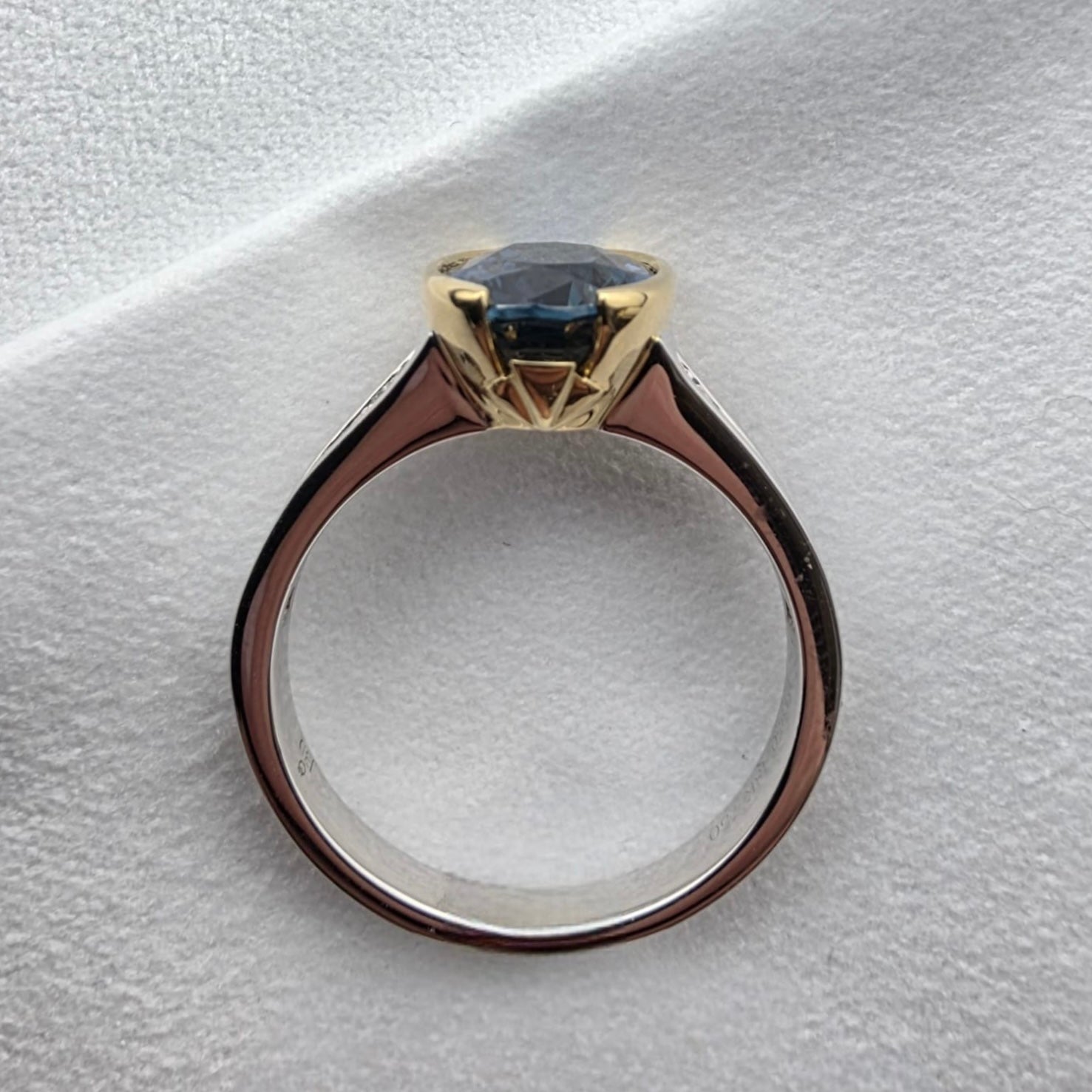 Madagascan Teal Sappphire and Diamond Shoulder Ring