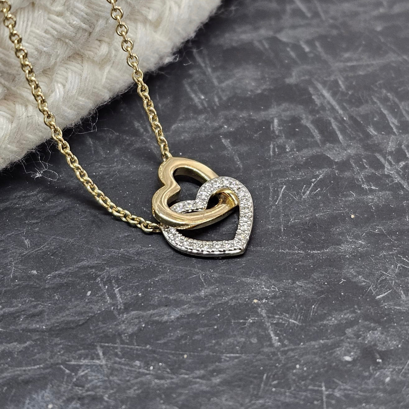Double Heart Diamond and Yellow Gold Necklace