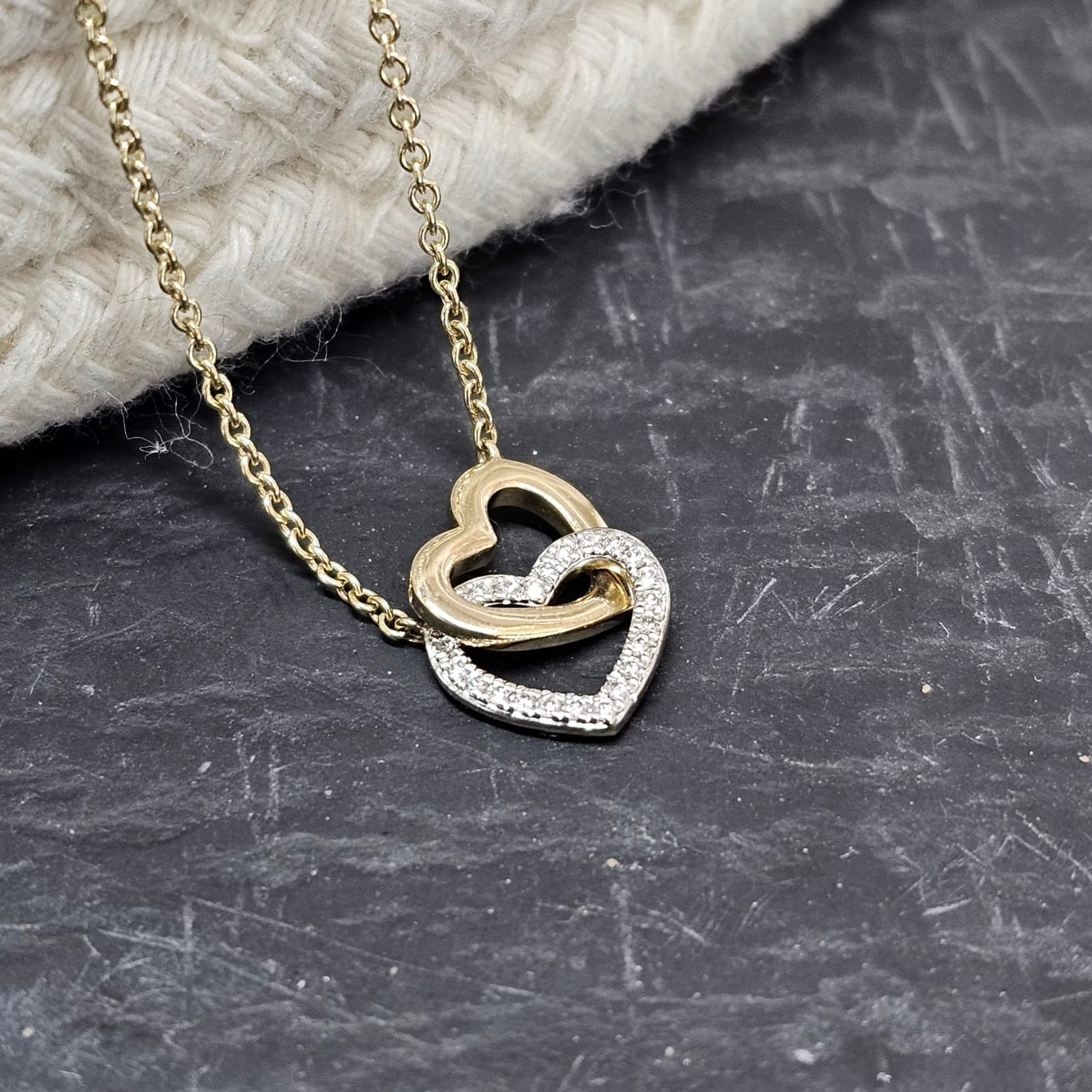 Double Heart Diamond and Yellow Gold Necklace