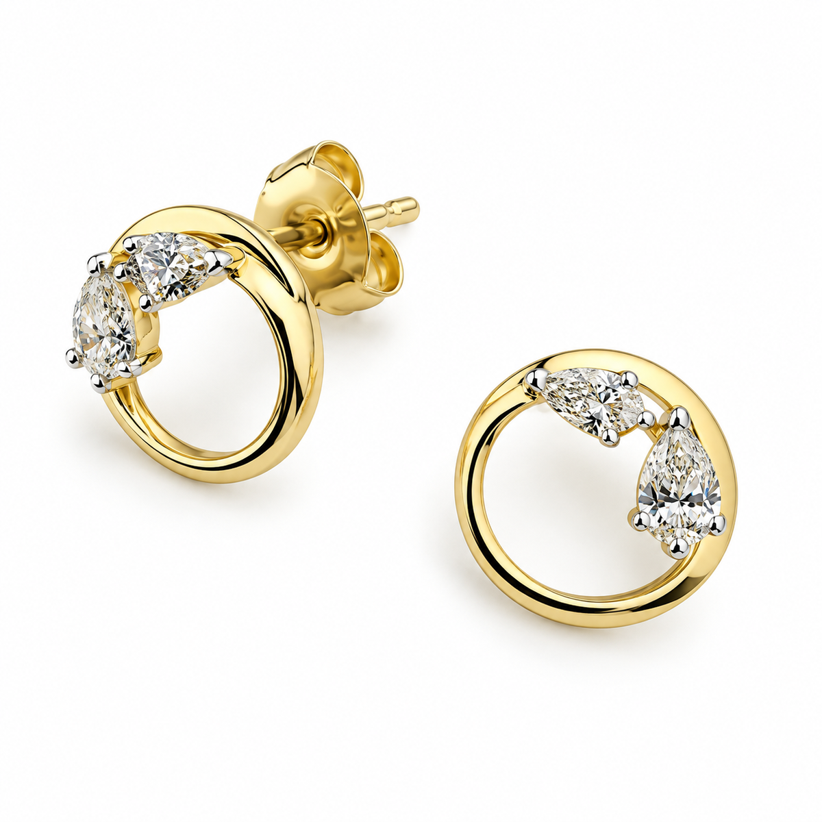 Gold Circle Earrings with Pear Diamond Detail