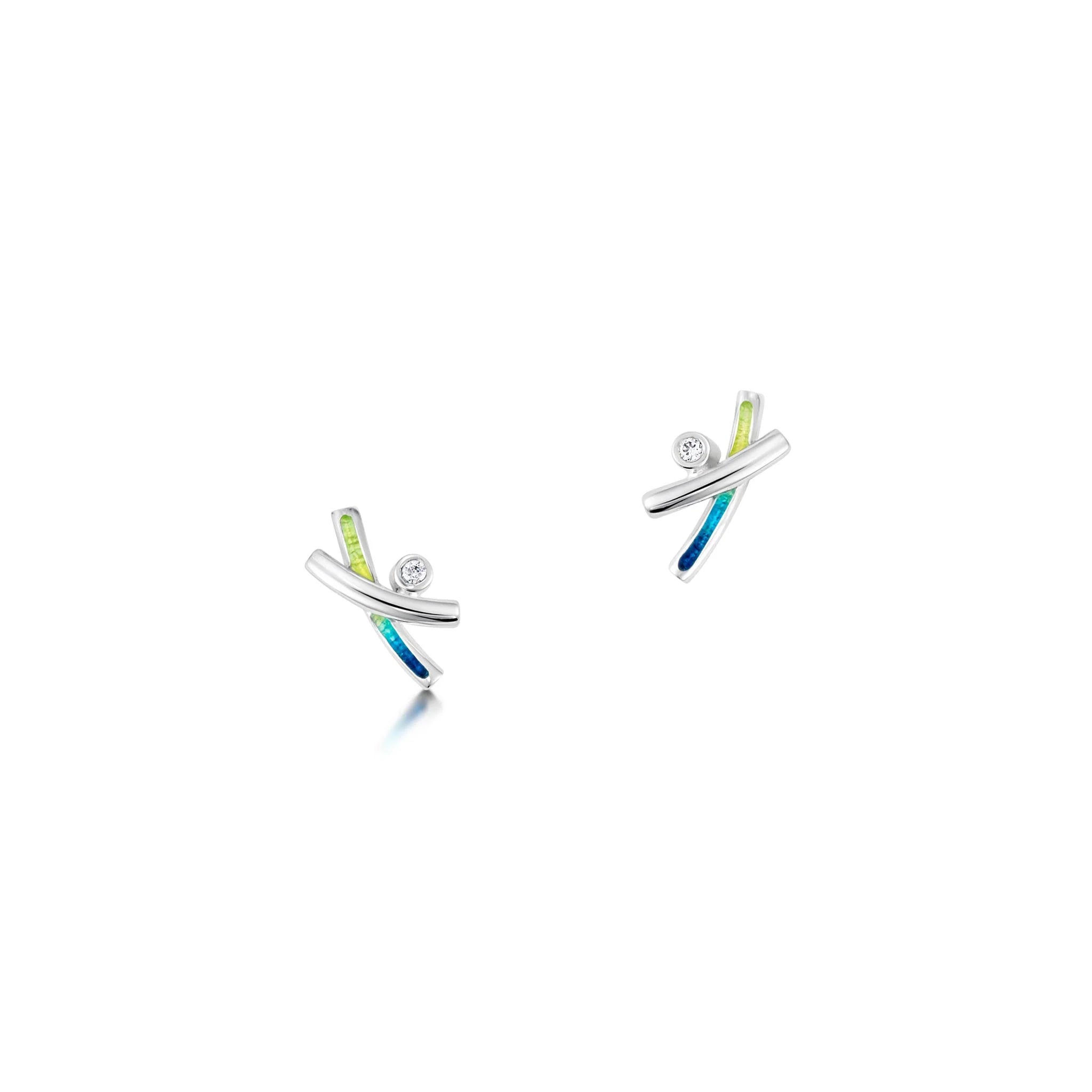 Wild Grasses Small 2-strand CZ Stud Earrings in Meadow Enamel