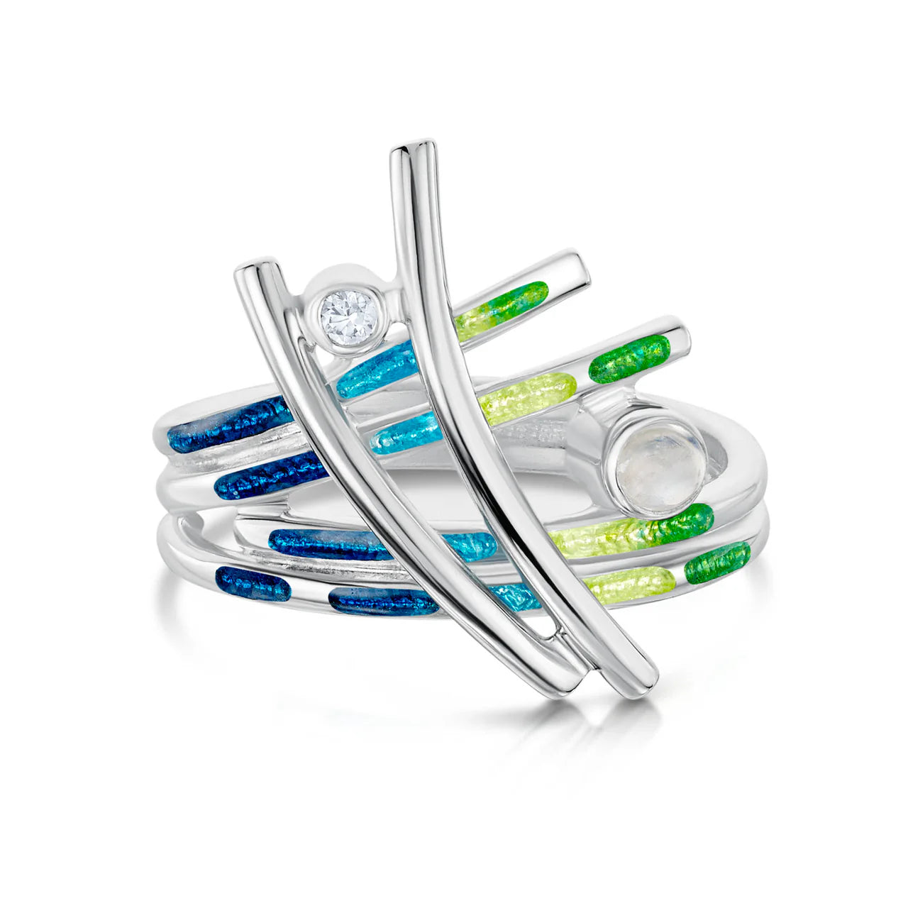 Wild Grasses Moonstone & CZ Ring in Meadow Enamel