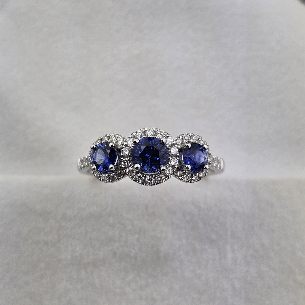 Triple Halo Sapphire and Diamond Ring