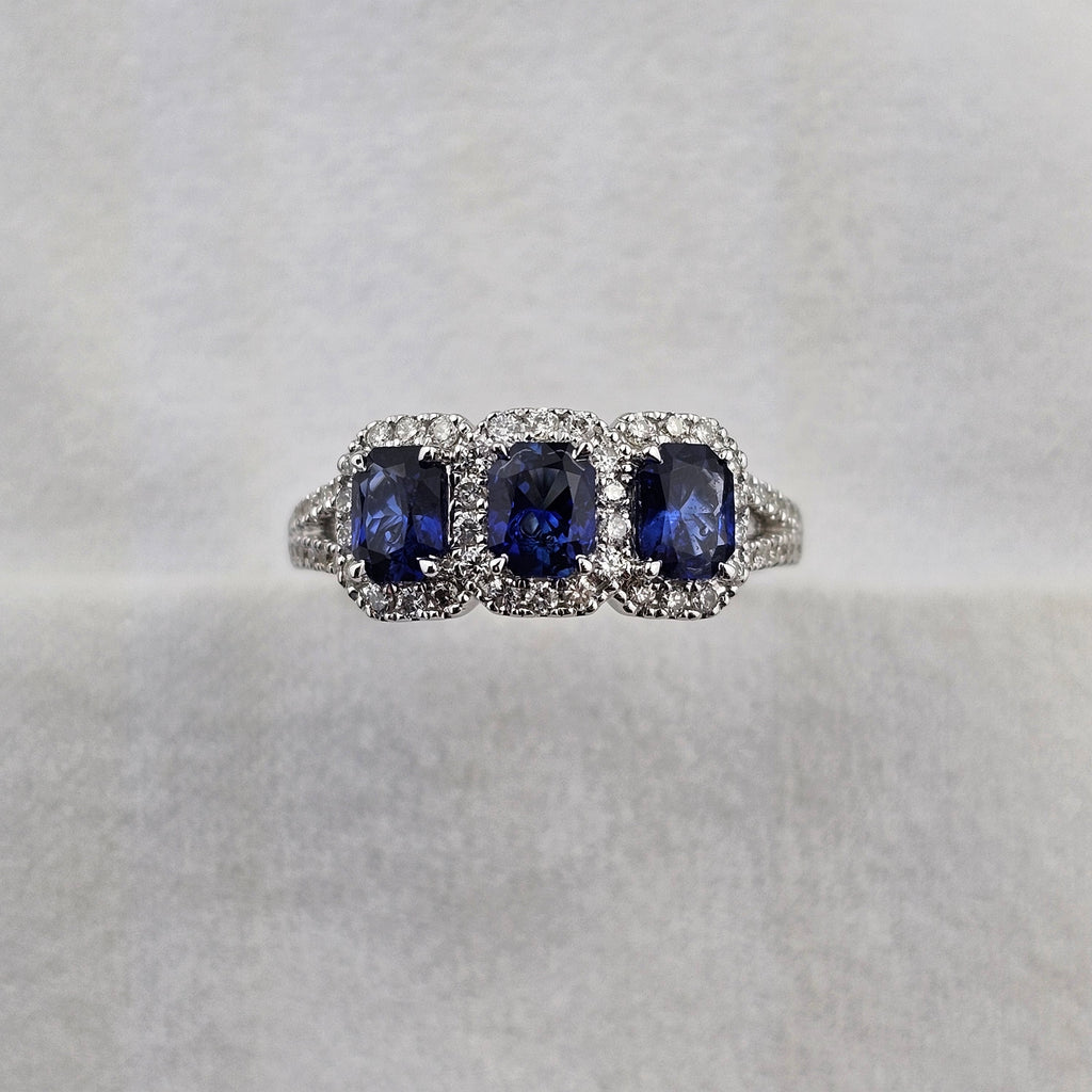 Triple Halo Octagonal Sapphire Ring