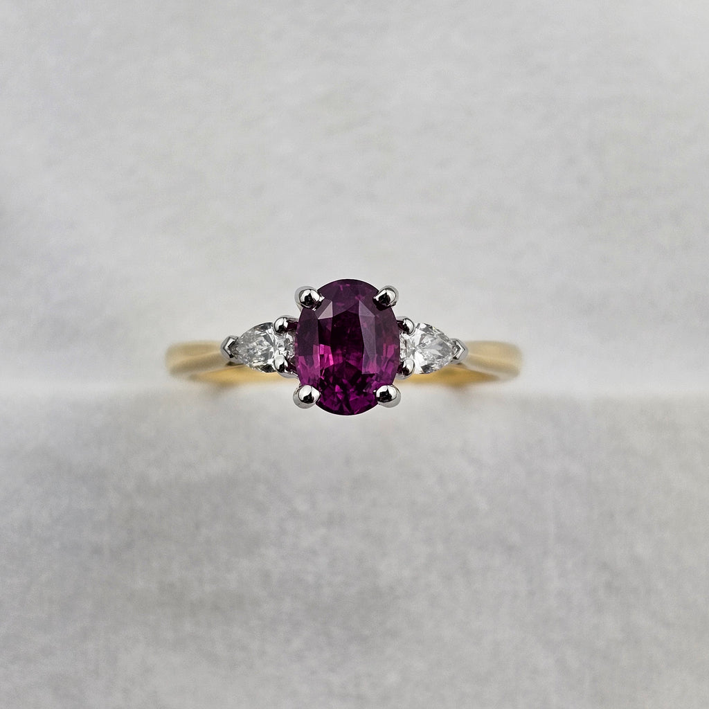 Pink Oval Cut Sapphire Ring with Pear Diamond Shoulders