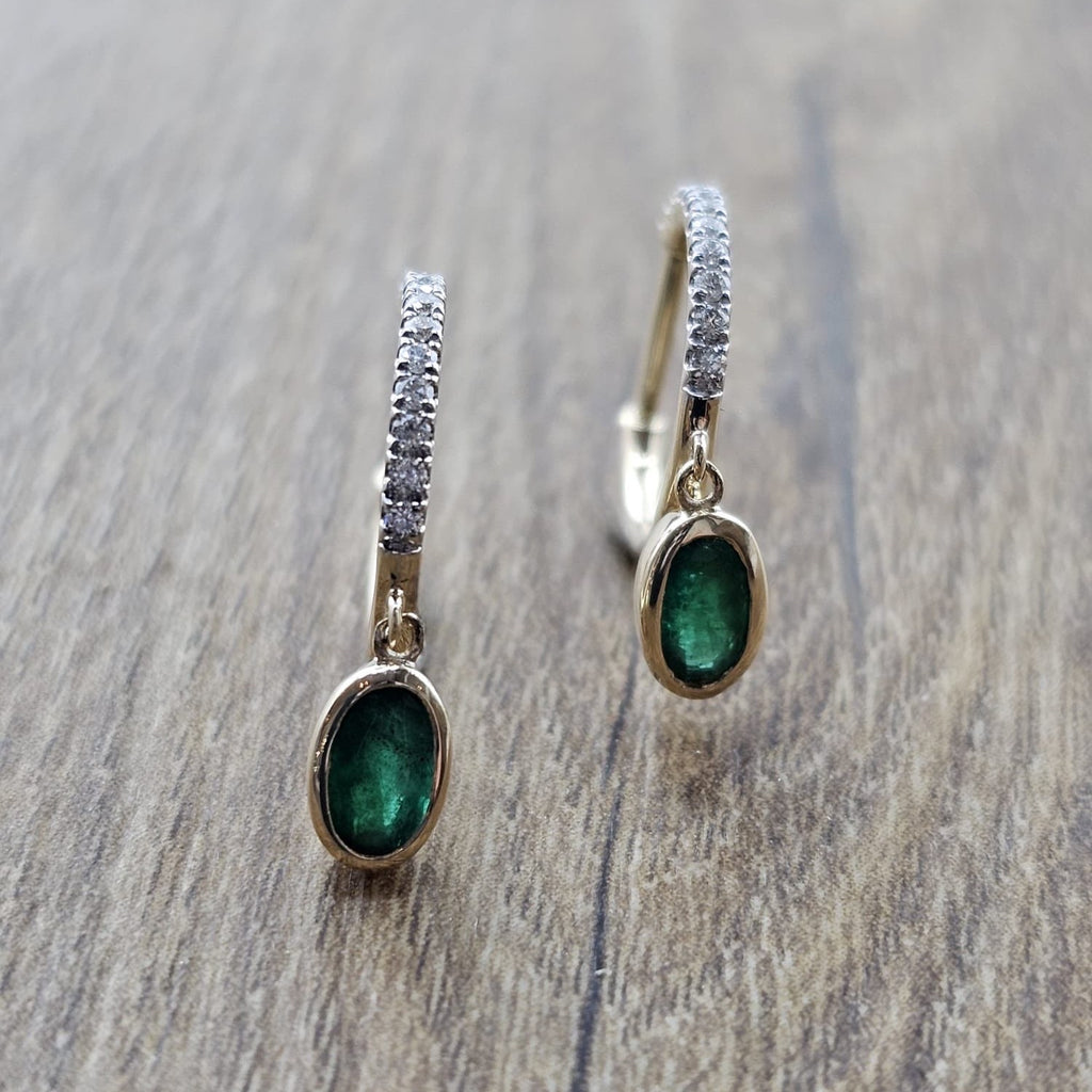 Diamond and Oval Emerald Drop Huggie Hoop Earrings