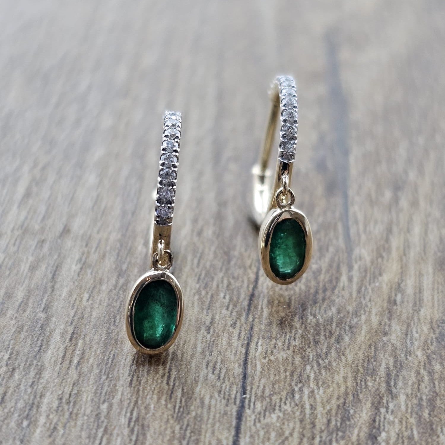 Diamond and Oval Emerald Drop Huggie Hoop Earrings