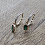 Diamond and Oval Emerald Drop Huggie Hoop Earrings
